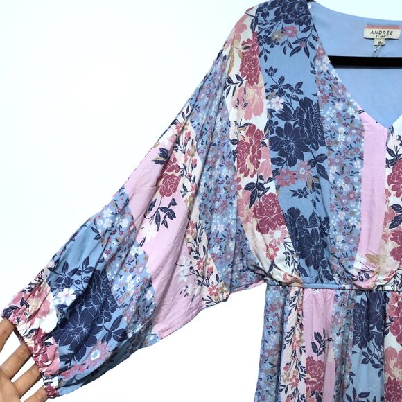 Andree By Unit Blue Pink Floral V-neck Dolman Sleeve Elastic Waist Dress M - Picture 6 of 9